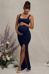 Avril Navy Square Neck Maternity Maxi Dress with Split
