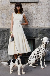 Fantasia Cream Boat Neck Midi Dress With Asymmetric Drop Waist