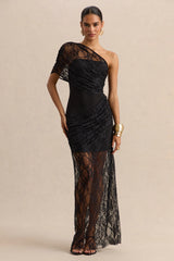 Fressia Black Lace Asymmetric Neck Maxi Dress With Draped Detailing