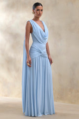 Amelisse Powder Blue Plunge Neck Maxi Dress With Ruched Detailing