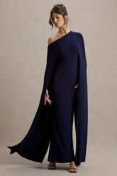 Florentina Navy One Shoulder Cape Maxi Dress