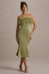 One And Only Light Green Satin Feather Trim Bandeau Midi Dress