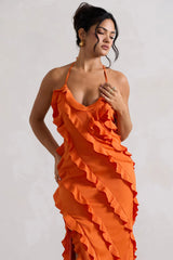 Full On Orange V Neck Ruffle Maxi Dress