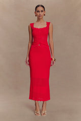 Madeline Scallop Knit Midi Skirt Red