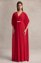 Romilly Red Plunge Neck Maxi Dress With Gathered Detail