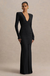 Jewel Black Plunge Neck Maxi Dress With Front Split and Ruched Detailing
