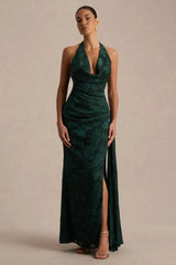 Talula Dark Green Extreme Cowl Neck Maxi Dress With Sash And Front High Split