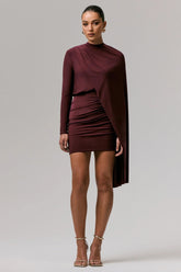 Celeste Burgundy Long Sleeve Mini Dress With Cape Sleeve