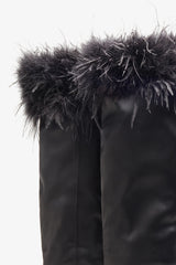 Soho Black Satin Pointed Heeled Boots With Feather Trims