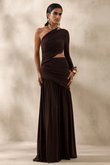 Kinsley Brown Asymmetric Neck Maxi Dress With Body Cut Out Detail