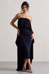 Upon A Time Navy Ruched Bandeau Midi Dress With Cape