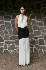 Hailee Slinky And Mesh Halter Maxi Dress Black White