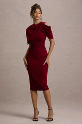 Dorothea Berry Draped Midi Dress With Cape