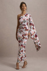 Clementina Cream Floral Print Asymmetric Cape Sleeve Maxi Dress