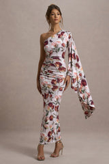Clementina Cream Floral Print Asymmetric Cape Sleeve Maxi Dress