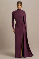 Anticipation Burgundy High Neck Maxi Dress With Front Split And Ruched Detailing
