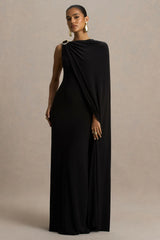 Cressida Black Asymmetric Neck Maxi Dress With Cape And Gold Detail