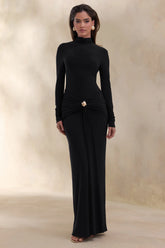 Ambrette Black High Neck Maxi Dress With Gathered Detailing