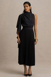 Jimena Black High Neck Midi Dress With One Long Sleeve And Pleated Detailing