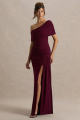 Dynasty Burgundy Asymmetric Neck Maxi Dress With Ruched Detailing And Front High Split
