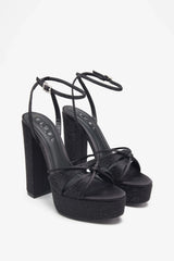 Crystal Cut Black Strappy Heeled Platform Sandals With Diamante Buckles