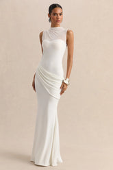 Lyssy White High Neck Maxi Dress With Mesh Detail