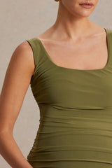 Lisbon Olive Maternity Square Neck Ruched Midi Dress