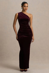 Treat Burgundy Velvet Asymmetric Neck Maxi Dress With Ruched Detailing