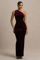 Treat Burgundy Velvet Asymmetric Neck Maxi Dress With Ruched Detailing