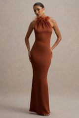 Bianca Rust Satin Feather Trim Maxi Dress