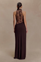 Arra Chiffon And Lace Halter Maxi Dress Cacao Brown