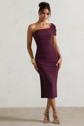 Hawaii Plum Asymmetric One Shoulder Split Midi Dress