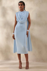 Lysandria Powder Blue High Neck Midi Dress With Draped Detailing