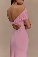 Imogen Off Shoulder Slinky Maxi Dress Candy Pink