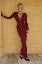 Hayden Long Sleeve Plunge Maxi Dress Wine