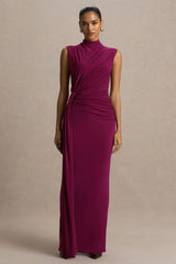 Solene Burgundy High Neck Maxi Dress With Wrap And Drape Detail