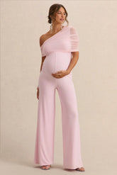 Mariska Light Pink Asymmetric Neck Maternity Jumpsuit With Sash Detail