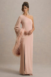 Armina Blush Pink One Shoulder Feather Trim Maxi Dress