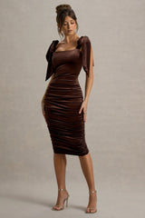 Tarna Brown Velvet Midi Dress With Bow Straps