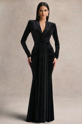 Halima Black Velvet Plunge Neck Maxi Dress With Gathered Detailing