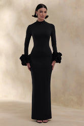 Jaselle Black High Neck Maxi Dress With Ruffled Satin Cuffs
