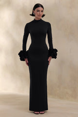 Jaselle Black High Neck Maxi Dress With Ruffled Satin Cuffs