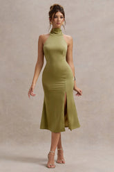 Violette Olive Satin High Neck Split Midi Dress
