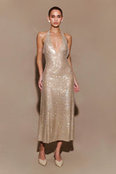 Genie Diamante Halter Midi Dress Nude