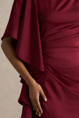 Rosy Burgundy Satin Boat Neck Maxi Dress With Front Split And Ruffled Detailing