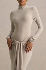 Myra Champagne High Neck Maxi Dress With Sash and Ruched Detailing