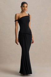 Tulisa Black Asymmetric Neck Maxi Dress With Twist Sleeves And Ruched Detailing