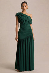 Kady Dark Green Asymmetric Neck Maxi Dress With Ruched Detailing
