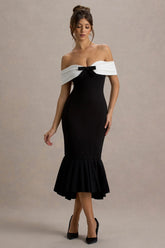 Corola Black White Bardot Volume Hem Midi Dress