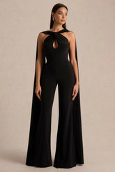 Mindy Black Twist Halter Neck Jumpsuit With Cape
